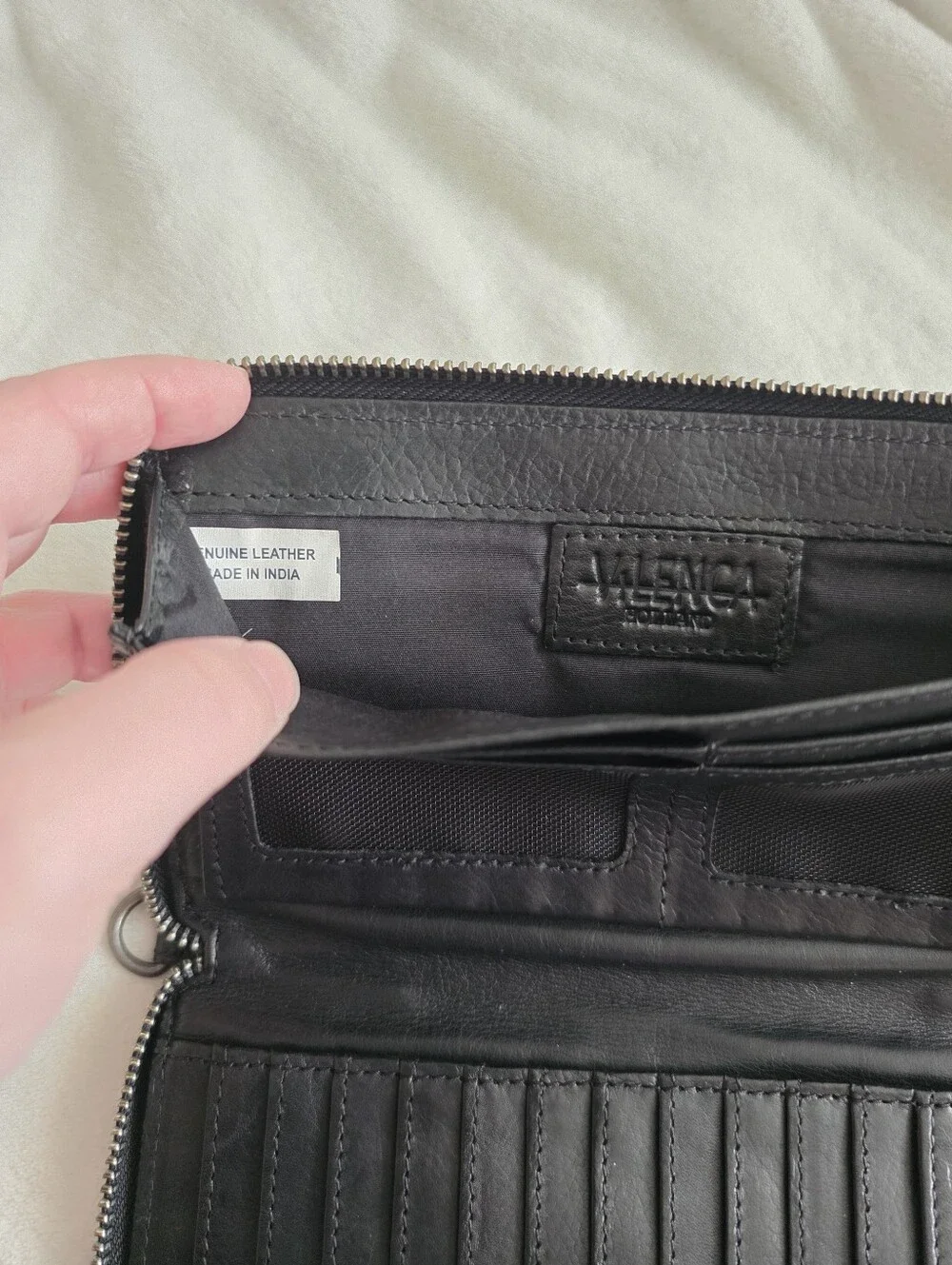 Vilenca Holland Leather Zip Around Wallet Black Embossed Boho Chic